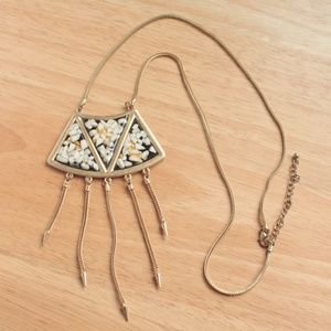 Fused Art Glass White Black Triangular Bib Tassel Gold Tone Necklace Earring Set